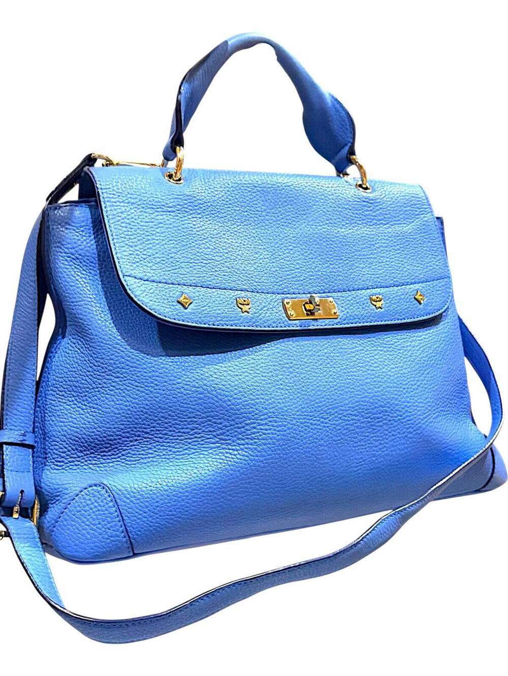 MCM First Lady Pebbled Leather Satchel Crossbody Bag Blue